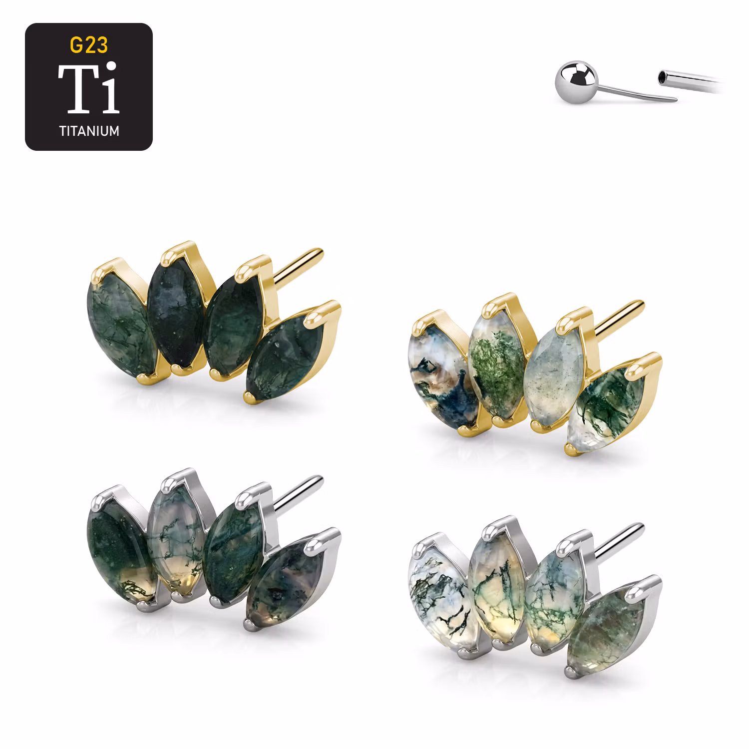 Threadless topp i titanium - Topp med 4st Moss Agate