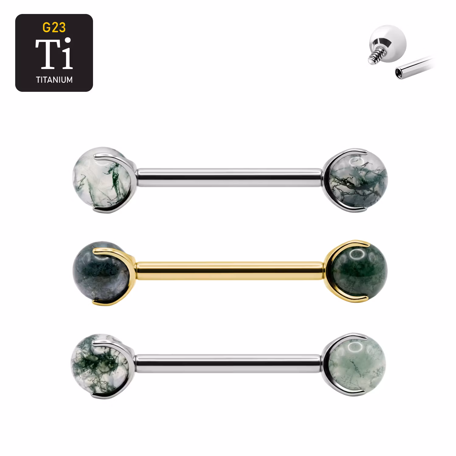 Barbell i titanium - 1.6mm invändigt gängad med 5mm Moss Agate