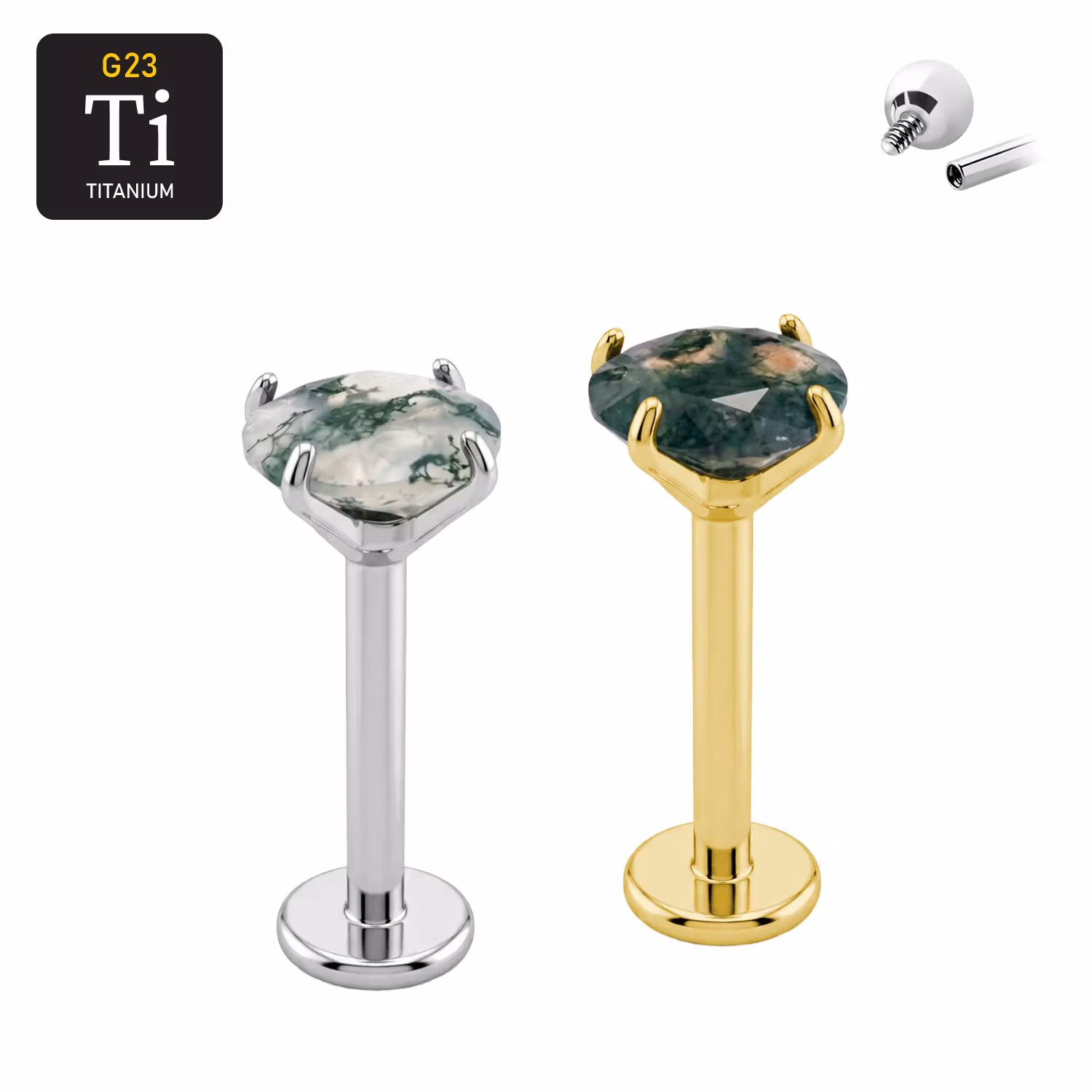 Titanium labret 1.2mm invändigt gängad - Topp med Moss Agate (olika storlekar)