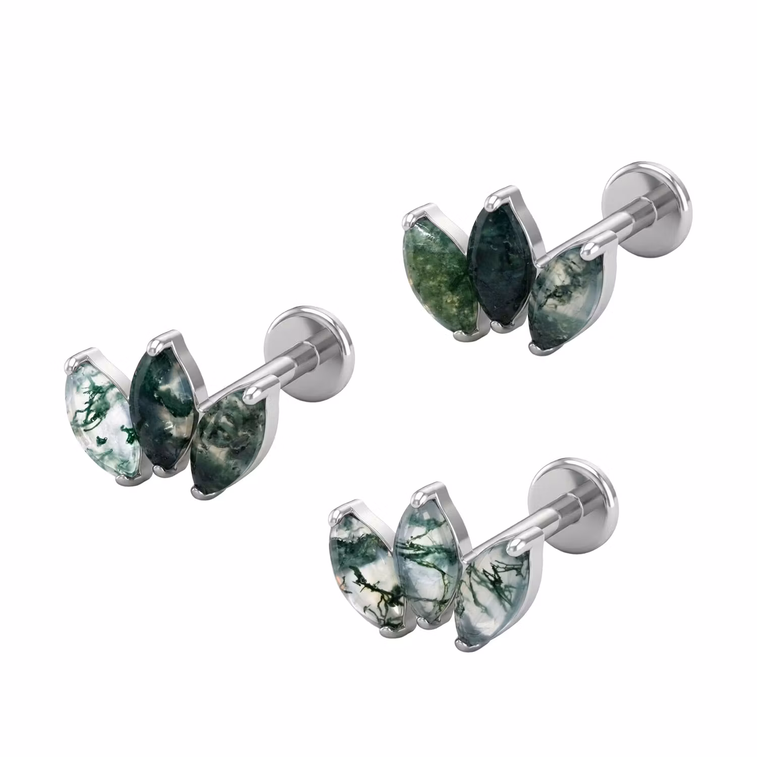 Titanium labret 1.2mm invändigt gängad - Topp med 3st Moss Agate