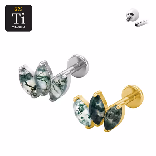 Titanium labret 1.2mm invändigt gängad - Topp med 3st Moss Agate