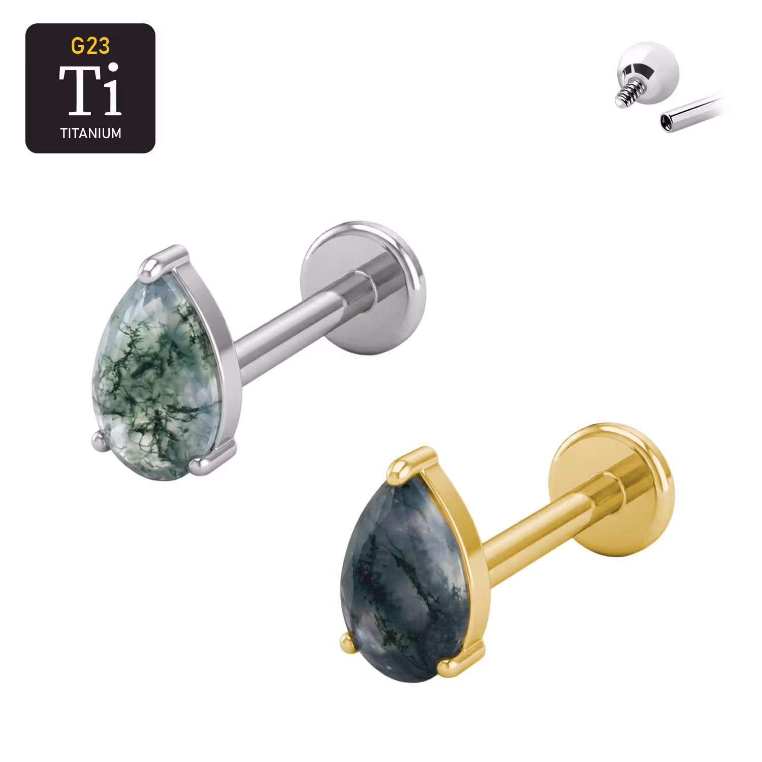 Titanium labret 1.2mm invändigt gängad - Topp med droppformad Moss Agate