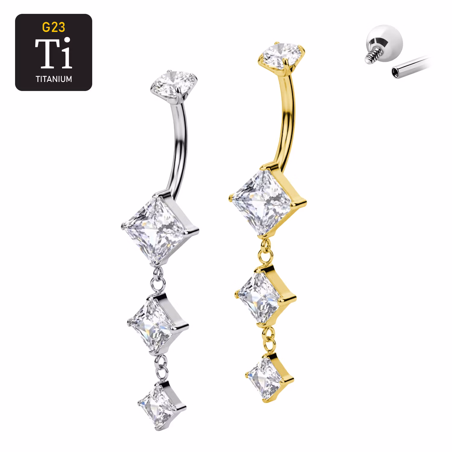 Titanium navelsmycke invändigt gängad 1.6mm med gnistrande cz i hänge