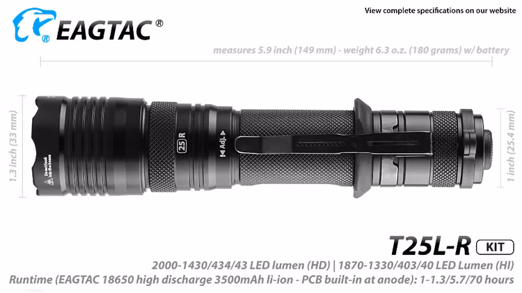 EAGTAC T25LR XHP-35, USB Rechargeable, HD 2000 Lumen Flashlight KIT