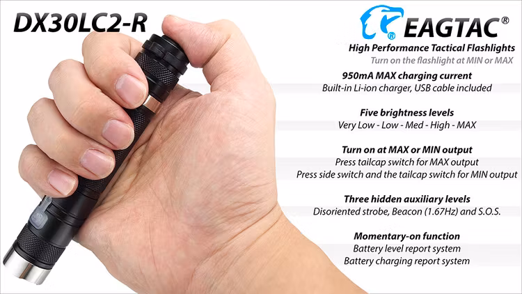 EAGTAC DX30LC2-R 1160 LM USB Polisficklampa