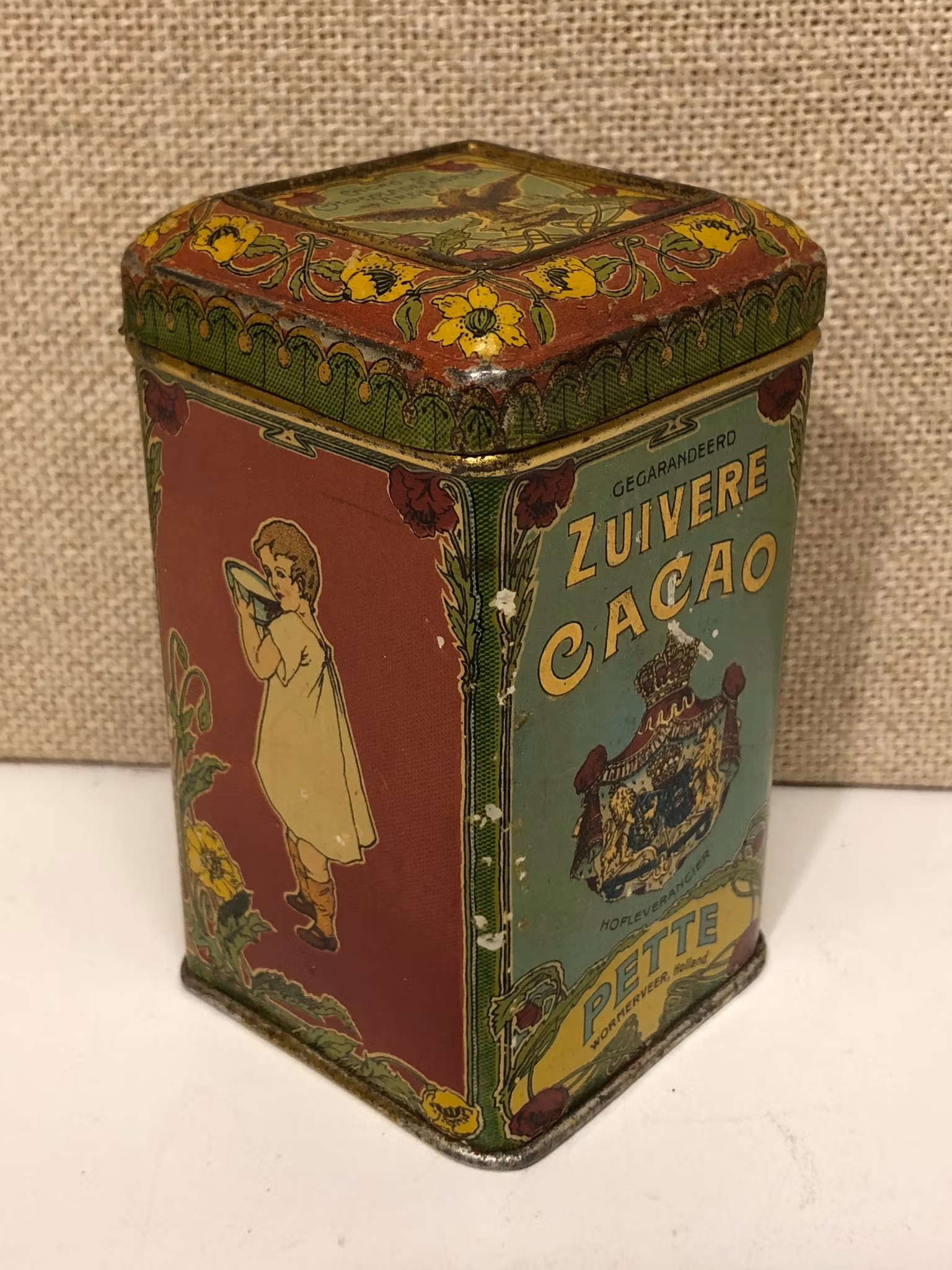 BURK, plåt, Zuivere Cacao, Pette Holland, Hofleverancier, 1900-talets början.