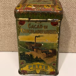BIN, tin, Zuivere Cacao, Pette Holland, Hoflevancier, early 20th century.