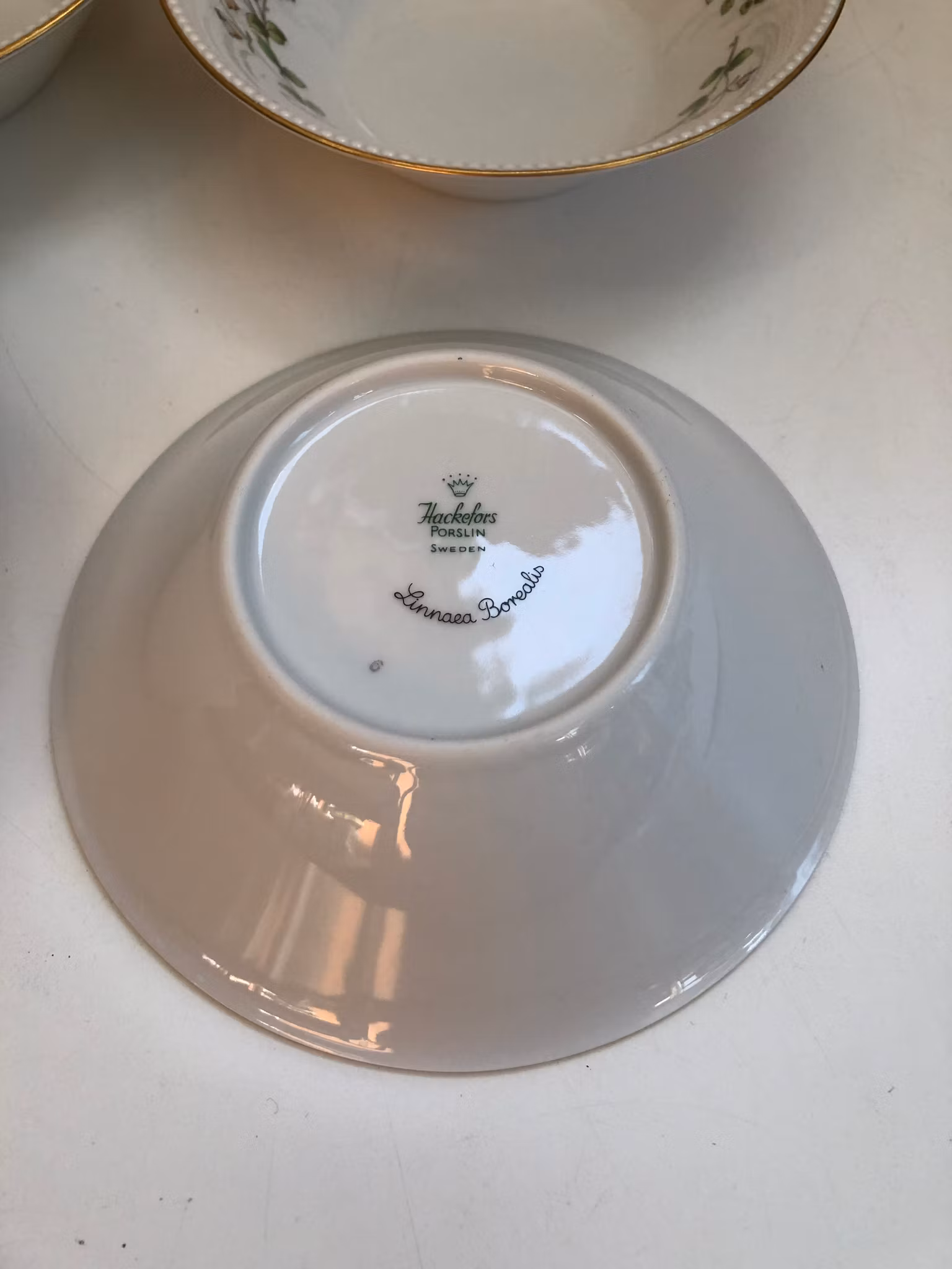 EFTERRÄTTSTALLRIKAR 6 st. porslin," Linnaea Borealis", Hackefors, Sweden.