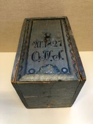 BOX, sliding lid, peasant, originally painted, ONS and dated 1827.