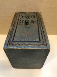 BOX, sliding lid, peasant, originally painted, ONS and dated 1827.