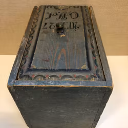 BOX, sliding lid, peasant, originally painted, ONS and dated 1827.