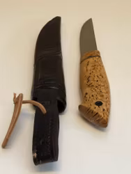 SÖREN NORBERG. Knife, birch/leather, blade Frost Mora, signed, 19th/20th century.