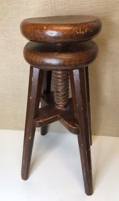 STOOL, painted pine, folk style, adjustable, dated 1899.