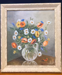 OKÄND KONSTNÄR. Blomsterstilleben, olja på pannå, signerad.