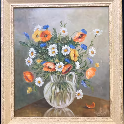 UNKNOWN ARTIST. Flower still life, oil on panel, signed.
