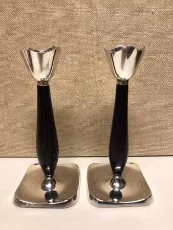 CANDLEHOLDERS, a pair, Bakelite/nickel silver, HO Hansens Sølvsmedie, Denmark.