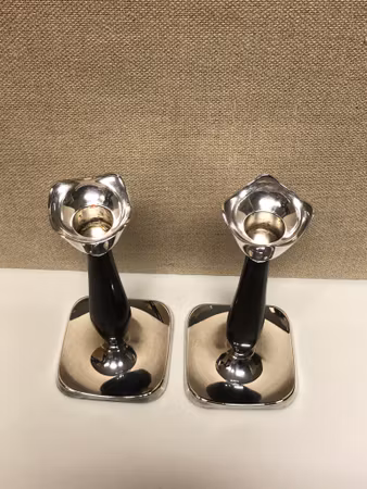 CANDLEHOLDERS, a pair, Bakelite/nickel silver, HO Hansens Sølvsmedie, Denmark.