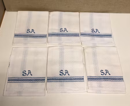 HANDUKAR 6 st. linne, monogram SA, 1900-tal.