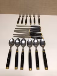 BESTICK 18 delar, rostfritt/mässing/ backelit, ”Melron", France.