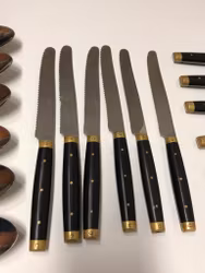 BESTICK 18 delar, rostfritt/mässing/ backelit, ”Melron", France.