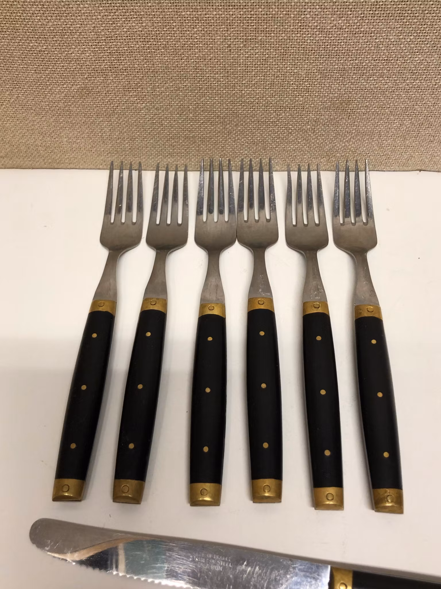 BESTICK 18 delar, rostfritt/mässing/ backelit, ”Melron", France.