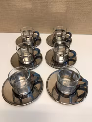 MICHEL GRAVES. Espressokoppar med fat 6 st.glas/metall, Alessi, Italy. 1989