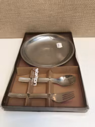 BARNSERVIS, mattallrik/gaffel/sked, Rostfritt stål, Stelton, Danmark, 1900-talets andra hälft.