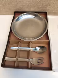 BARNSERVIS, mattallrik/gaffel/sked, Rostfritt stål, Stelton, Danmark, 1900-talets andra hälft.