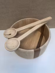 BOWL WITH SALAD CUTLERY, wood, Arabia design.