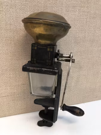 ALMOND MILL, cast iron/brass/glass, CGN, early 20th century.