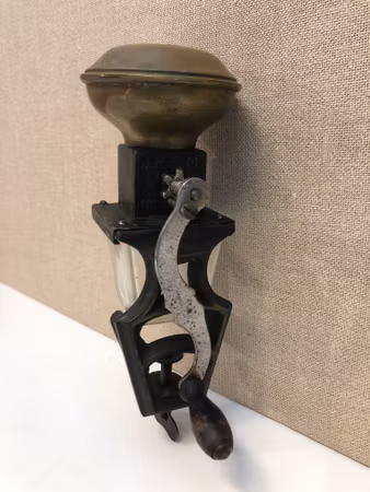 ALMOND MILL, cast iron/brass/glass, CGN, early 20th century.