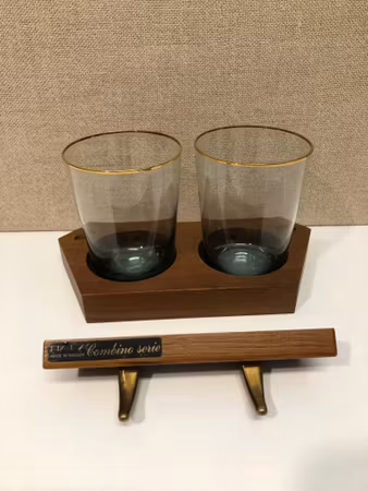 TOWEL HANGER AND TOOTHBRUSH HOLDER, teak/brass, "Combino series", Hafa, Sweden.
