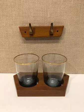 TOWEL HANGER AND TOOTHBRUSH HOLDER, teak/brass, "Combino series", Hafa, Sweden.