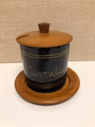 MARMELADBURK med LOCK och FAT, keramik/teak, Töreboda, Sweden, 1960/70-tal.