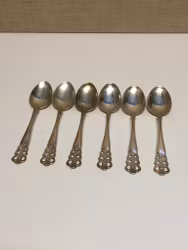 DAVID ANDERSEN Efterrätts/dessertskedar ”Norrøna” 6 st. nysilver, 1900-tal. Norge