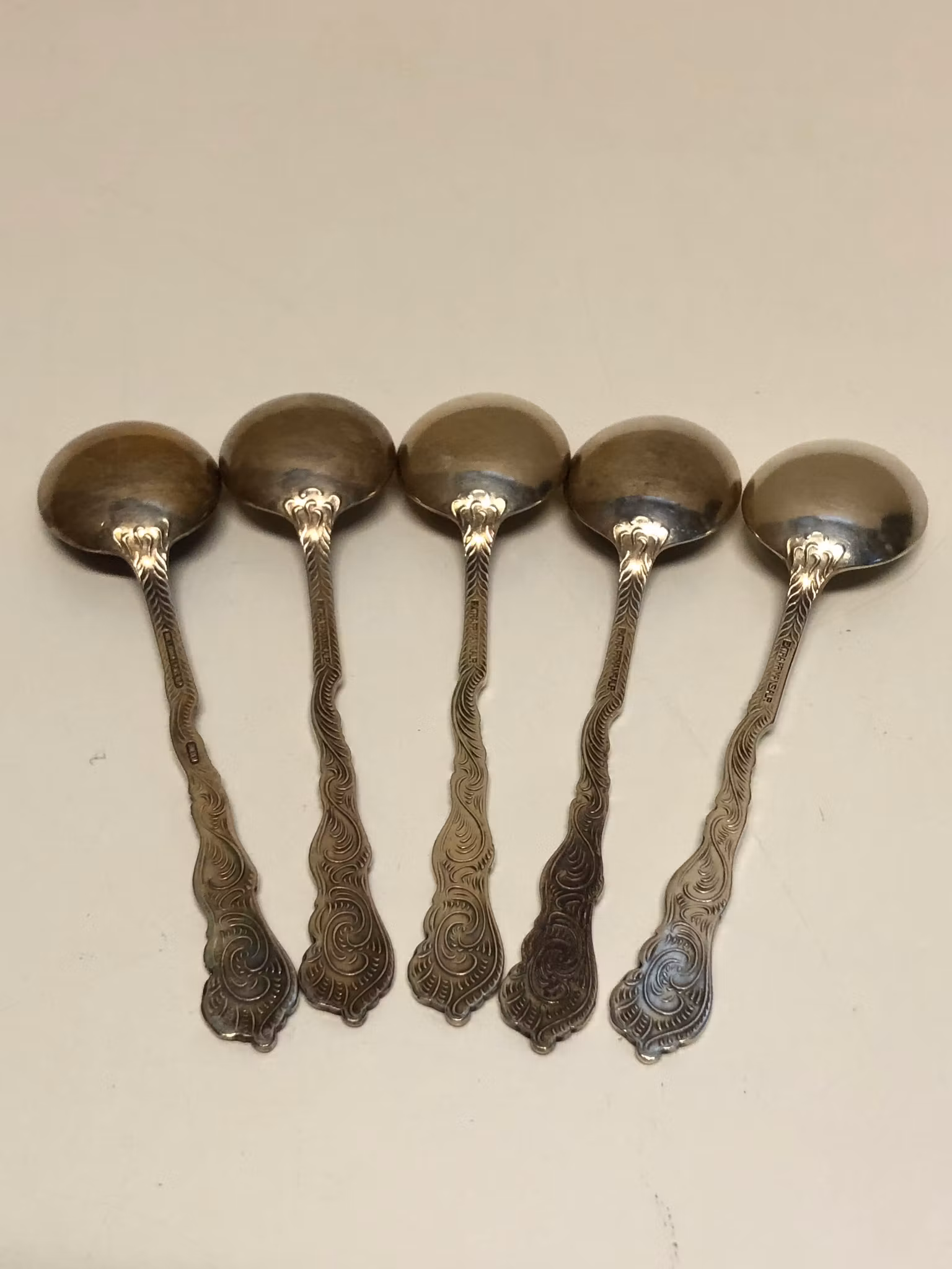 EFTERRÄTTS/DESSERTSKEDAR 5 st, nysilver, "Amsterdam", 1900-talets andra hälft.