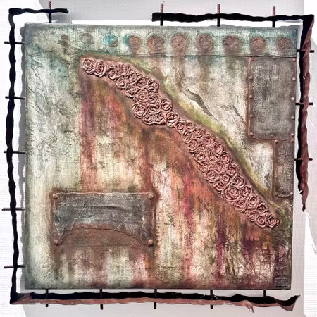 "River of Roses" Blandteknik på pannå av Lisa Ström. 72x72 cm