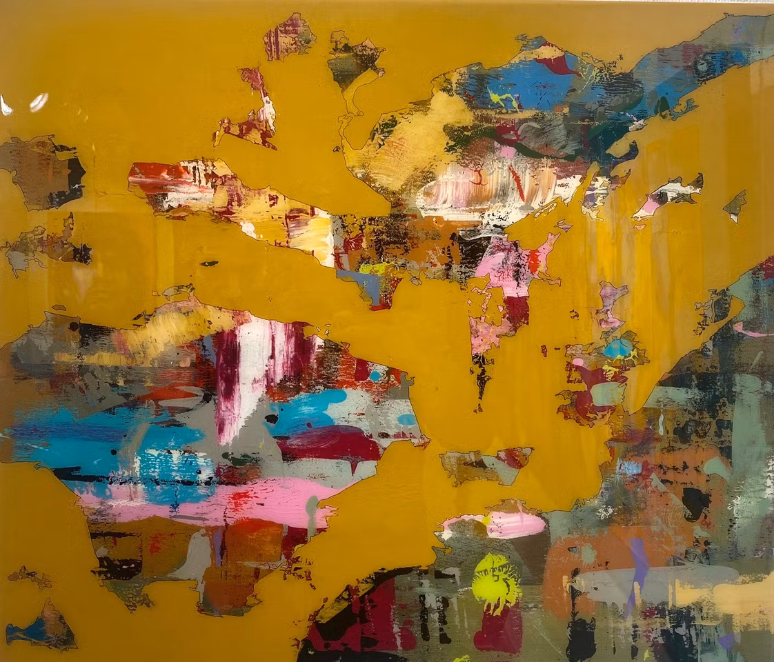 "Border on Yellow" av Crisis, Akryl & Resin på duk, 70x60cm