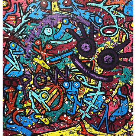 "Things that makes you go POW" av Vhilo H. Persson. Akryl på duk 100x100 cm