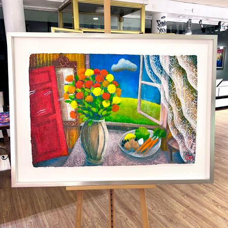 "Vår-stilleben" Akryl på papper av Stefan W. Igelström. 123x91 cm