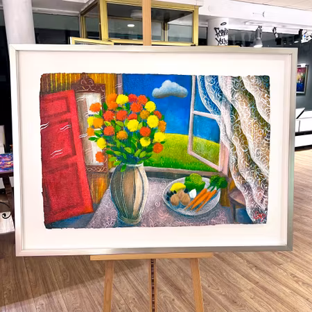"Vår-stilleben" Akryl på papper av Stefan W. Igelström. 123x91 cm