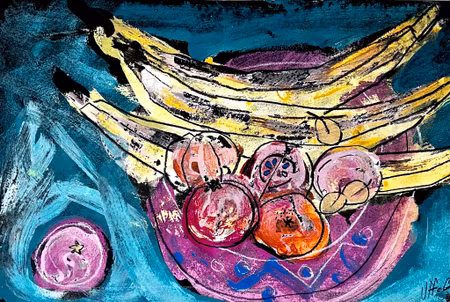 "Fruktskål I " av Uffe B, Akvarell på papper,50x33 cm