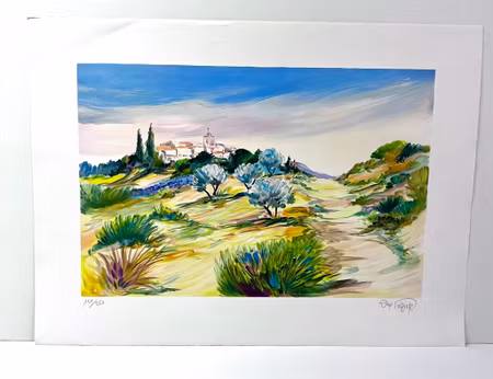 "By i Italien" Litografi av Ray Poirer. 77x56,5 cm