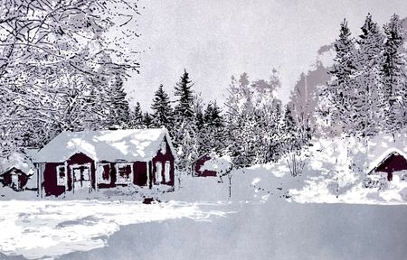 "Vinterstuga. Litografi av Ulf Onsberg. 63x44