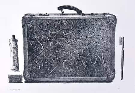"Packad & Klar" Svartvitt litografi av Jan Dahlqvist. 56,5x41,5 cm