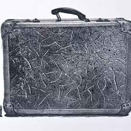 "Packad & Klar" Svartvitt litografi av Jan Dahlqvist. 56,5x41,5 cm