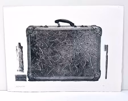 "Packad & Klar" Svartvitt litografi av Jan Dahlqvist. 56,5x41,5 cm
