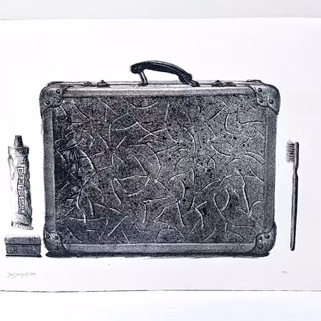 "Packad & Klar" Svartvitt litografi av Jan Dahlqvist. 56,5x41,5 cm