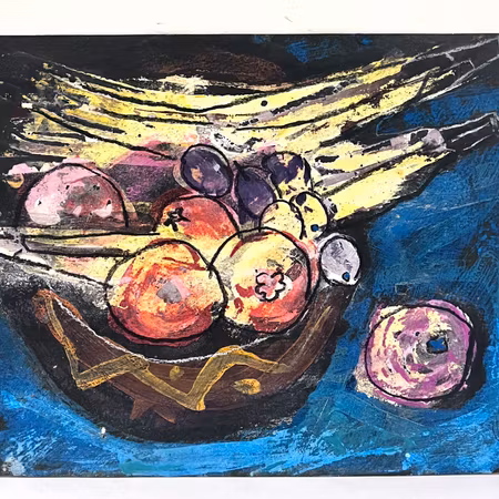 "Fruktskål II" av Uffe B, Akvarell på papper, 31,5x24 cm