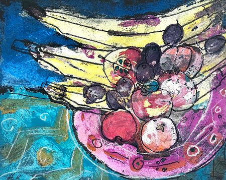 "Fruktskål III" av Uffe B, Akvarell på papper, 32x25,5 cm